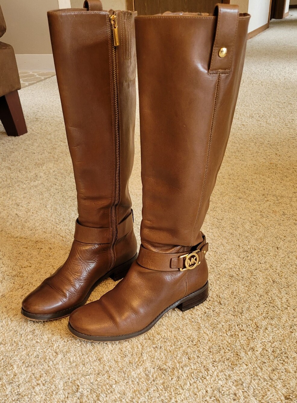 Michael Kors Brown Leather Riding Boots  MK Logo In Gold. Nice Condition Sz 6